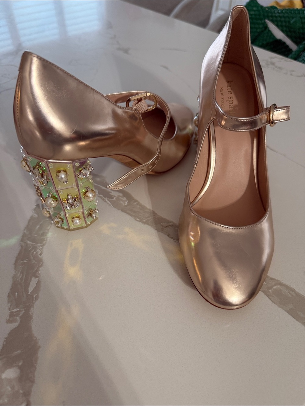 Kate Spade Rose Gold Mary Jane Heels with Jeweled Block Heels